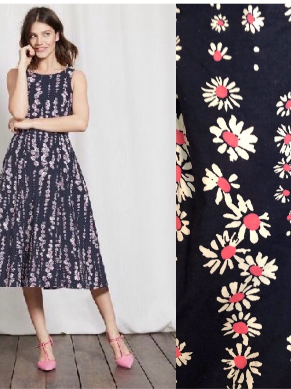 Boden Navy Midi Dress with Pink and White Daisy Print - Picture 2 of 7